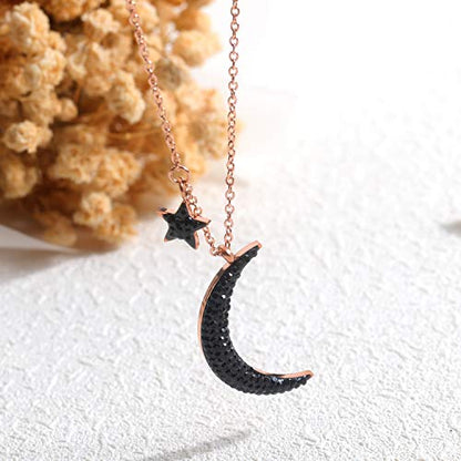 Black Crystal Cubic Zirconia Star Moon Crescent Pendant Necklace for Women | Rose Gold Plated Stainless Steel Crescent Moon Jewelry