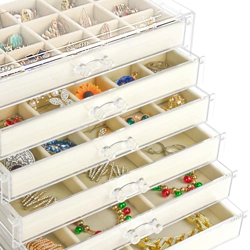 Acrylic Jewelry Box Organizer and Storage 6 Drawer for Earring Display Tray - color: Beige 6 Layers