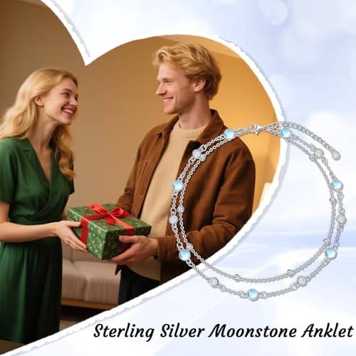 HPQQ Anklets for Women 925 Sterling Silver Natural Stone Layered Anklet Beach Summer Fine Jewelry Birthday Mothers Day Gifts for Women Mom Her - color: Moonstone 9"-11"