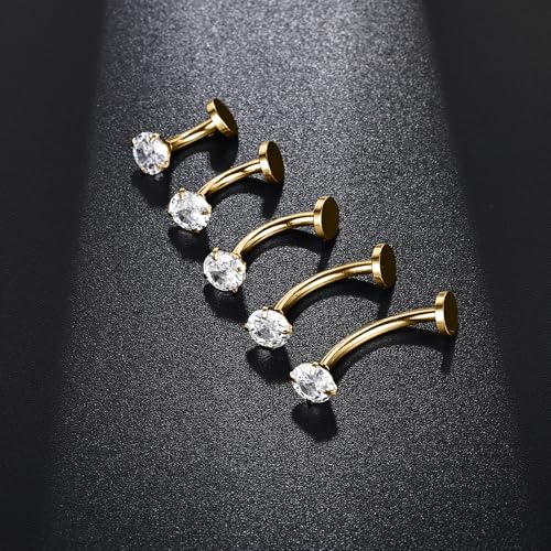 Belly Button Ring Set for Women, 14G 316L Steel Internally Threaded Navel Rings with Interchangeable Tops Opalite, CZ Star, Flower, Ball, 8-14MM Floating Cute Belly Piercing Jewelry Gold Silver - style: Gold - 14G（1.6mm）- 12/14mm