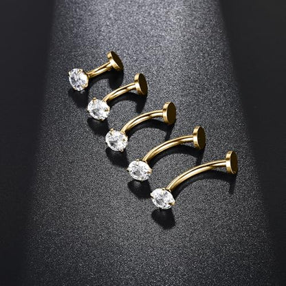 Belly Button Ring Set for Women, 14G 316L Steel Internally Threaded Navel Rings with Interchangeable Tops Opalite, CZ Star, Flower, Ball, 8-14MM Floating Cute Belly Piercing Jewelry Gold Silver - style: Gold - 14G（1.6mm）- 12/14mm