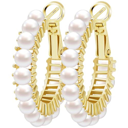 Trendy 14K Gold Plated Hoop Earrings for Women, Chunky Gold/Silver Earrings for Women Cubic Zirconia Baguette Hoop Earrings Heart Hoops Lightweight Hypoallergenic Jewelry,25mm/35mm/40mm/50mm - color: 01 Gold Pearl Hoops 25mm