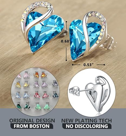 Infinity Love Heart Stud Earrings for Women, Birthstone and Healing Stone, Gifts for Mom, Wife, and Her, Silver Plated - color: 12-December-Turquoise Aquamarine Blue