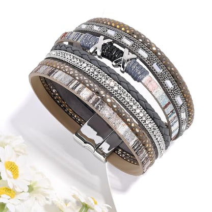VIBILIA Boho Leather Wrap Bracelets for Women Multi-Layer Bracelets | With Strong Clasp Jewelry for Women - color: 02-XxMilletBead-Gray
