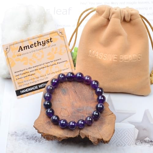 MASSIVE BEADS Handmade Yoga Stretch Elastic Bracelet Natural Stone Crystal Healing Power Energy Gifts for Unisex Adult 4mm 6mm 8mm 10mm - color: Amethyst(Love Guardian), size: 10mm