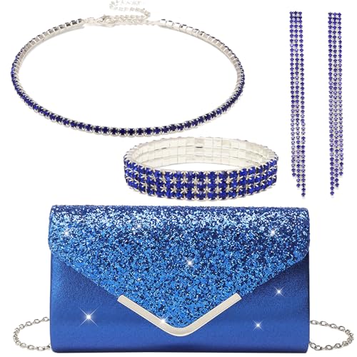 YYW 4 Pieces Women Evening Handbags Clutch Purse Bag with Rhinestone Crystal Jewelry Set for Wedding Party - color: Blue
