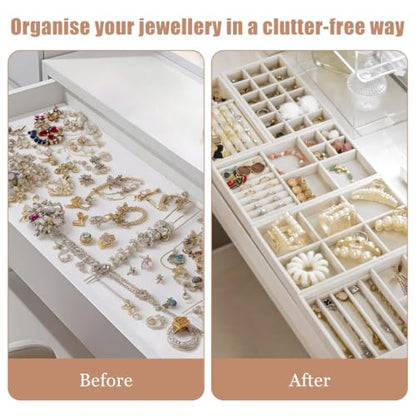 10 Pack Jewelry Organizer Tray Drawer Inserts Stackable Velvet Liner Dividers Customizable Jewellery Box Foam Ring Earring Holder Necklace Bracelet Storage Display Dish Flat in Dresser Vanity - color: Beige