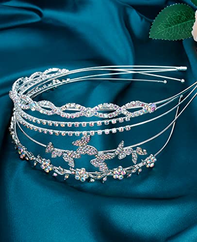 Wecoe 4 Pack AB Rhinestone Headbands Silver Metal Headbands Flower Girl Bridal Wedding Headband Crystal Headpieces Flower Leaf Butterfly Headband Formal Hair Accessories For Women Girls Gifts - color: Silver band & AB rhinestones
