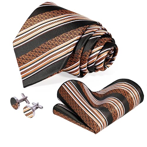 5PCS Mens Silk Tie, Pocket Square, Cufflinks, Drilled Tie Ring and Lapel Pin Set for Wedding Groom Party - color: Brown Striped Tie Set -102