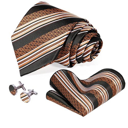5PCS Mens Silk Tie, Pocket Square, Cufflinks, Drilled Tie Ring and Lapel Pin Set for Wedding Groom Party - color: Brown Striped Tie Set -102