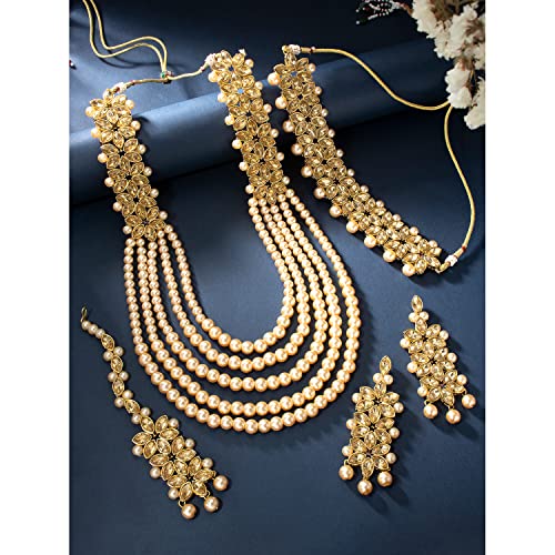 Aheli Wedding Party Wear Bridal Jewellery Choker Long Pearl Necklace Earrings Maang Tikka Indian Traditional Set Gift for Women - color: Champagne