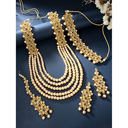 Aheli Wedding Party Wear Bridal Jewellery Choker Long Pearl Necklace Earrings Maang Tikka Indian Traditional Set Gift for Women - color: Champagne