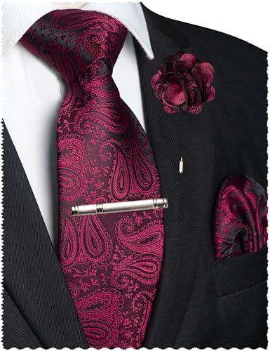 JEMYGINS Mens Paisley Tie and Lapel Pin Necktie Pocket Square and Tie Clip with Sets for Business Casual 4PCS - color: Maroon
