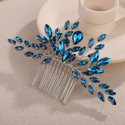 Teyglen Bridal Crystal Hair Comb Full Rhinestone Wedding Hair Comb Blue Teardrop Hair Piece for Bride Wedding Hair Accessories for Women Bridal Headpiece (Peacock blue) - color: Peacock blue