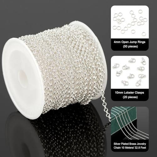 UMAOKANG 10 Meters Silver Chain for Jewelry Making Silver Plated Solid Brass Chains Bulk for Women Necklace Bracelet DIY Jewelry Supplies - color: Silver Rolo