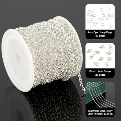 UMAOKANG 10 Meters Silver Chain for Jewelry Making Silver Plated Solid Brass Chains Bulk for Women Necklace Bracelet DIY Jewelry Supplies - color: Silver Rolo