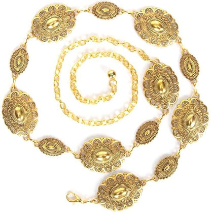 Women Western Concho Chain Belt - Fashion Gold Metal Waist Cowgirl Belt for Dresses Jeans - color: Gold