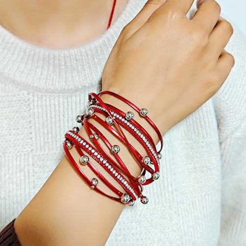 ZMANYIJEW Leather Wrap Bracelets for Women,Boho Cuff Bracelets Multi-Layer Crystal Beads Cuff Bracelet Multilayered Leopard Leather Braided Bangle Wrist Cuff Bangles - style: bead--red