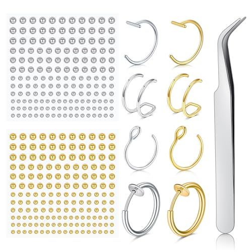 Fake Eyebrow Ring Fake Lip Labret Studs Replacement Balls Spike with 100pcs Sticker Non-Piercing Body Jewelry Fake Skin Piercing - color: C2 -Silver + Gold