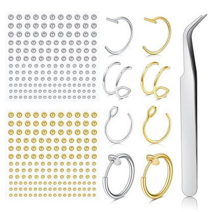 Fake Eyebrow Ring Fake Lip Labret Studs Replacement Balls Spike with 100pcs Sticker Non-Piercing Body Jewelry Fake Skin Piercing - color: C2 -Silver + Gold