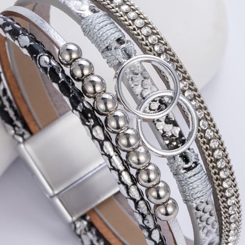 Chunky Boho Leather Wrap Bracelets Cowgirl Beaded Circle Western Jewelry | Stackable Infinity Layered Bohemian Magnetic Clasp Cuff Statement Fashion Colorful Country Hippie Outfits for Women Trendy - color: Snakeskin Silver