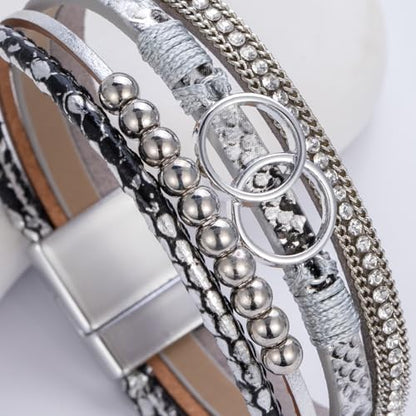 Chunky Boho Leather Wrap Bracelets Cowgirl Beaded Circle Western Jewelry | Stackable Infinity Layered Bohemian Magnetic Clasp Cuff Statement Fashion Colorful Country Hippie Outfits for Women Trendy - color: Snakeskin Silver