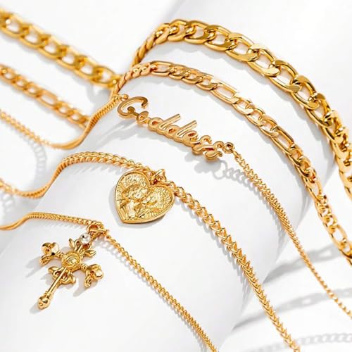 GYRMMUE 5 Pcs Chunky Gold Layered Necklaces Set for Women Heart Locket Coin Cross Pendant Necklaces Punk Hip Hop Charm Necklace Goddess Style Stacked Chain Necklace Christian Faith Jewelry - color: Gold