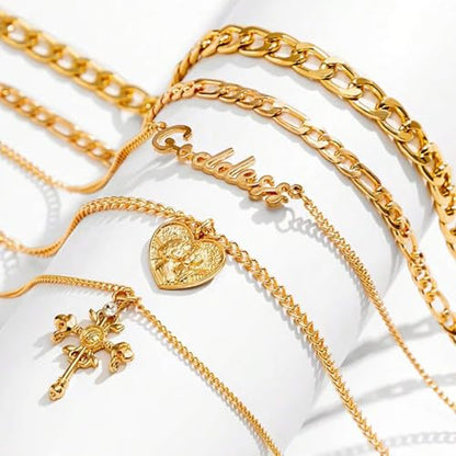 GYRMMUE 5 Pcs Chunky Gold Layered Necklaces Set for Women Heart Locket Coin Cross Pendant Necklaces Punk Hip Hop Charm Necklace Goddess Style Stacked Chain Necklace Christian Faith Jewelry - color: Gold