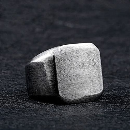 HIJONES Mens Stainless Steel Signet Ring Matte Brushed Square | Simple Statement ,Wedding Band,Polished Round - color: Square-Ancient Silver