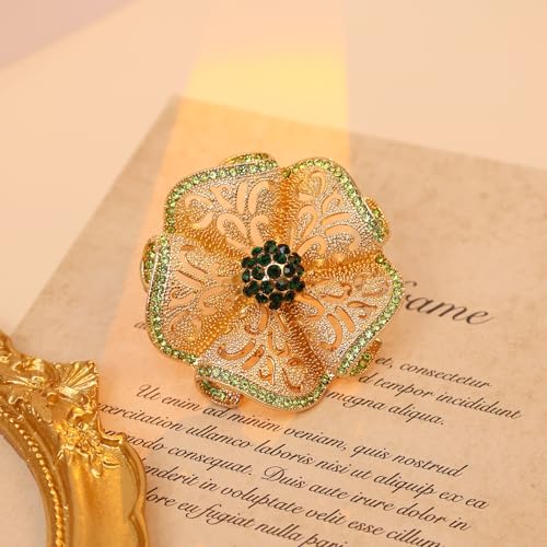 Elegant Big Crystal Flower Ring for Women Gold Rhinestone Floral Rings Open Finger Adjustable Crystal Flower Statement Ring Jewelry for Bridal Wedding - color: Flower 1 - green