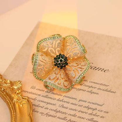 Elegant Big Crystal Flower Ring for Women Gold Rhinestone Floral Rings Open Finger Adjustable Crystal Flower Statement Ring Jewelry for Bridal Wedding - color: Flower 1 - green