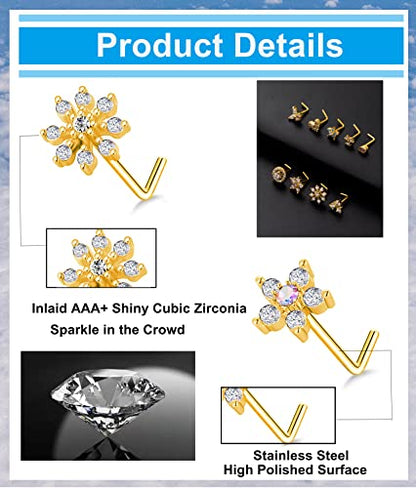 9Pcs Nose Rings Stud L Bone Screw Shaped Nose Ring Flower CZ Snowflake Butterfly Screw Nose Stud Body Piercing Jewelry for Women Men 20G Silver Gold Rose Gold Tone - color: B:Gold Tone