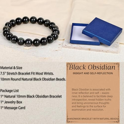 LPBeads Handmade Natural Gemstone Stretch Elastic Bracelet Healing Crystal Round Stone Beads Jewelry Gifts for Women Men - color: Black Obsidian, size: 10mm
