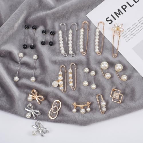 24/16 Pcs Pearl Brooch Pins Set, Decorative Safety Pin | Pant Waist Tightener Pins for Clothes Sweater Shawl Hat Clips White Collar Clips for Cardigan Dress Sweater - style: Rhinestone Pearl Style