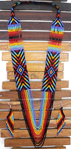 Handmade Beaded Indian Necklace,Inspired by Native American Style Long Necklace Earrings Set,One of a Kind beaded Necklace for Women,Perfect for Occasions, Gifts - color: Rainbow