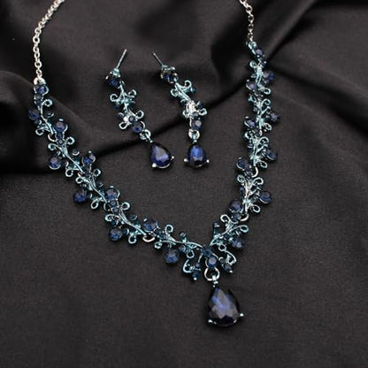 3Pcs Austrian Crystal Jewelry Set for Women, Necklace Dangle Earrings Link Bracelet Jewelry Set with Gold/Platinum/Gun Plated, Wedding Party Jewelry for Bridal Bridesmaid - color: Blue Black-Platinum Plated