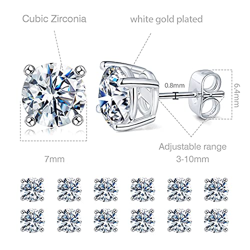 MDFUN Hypoallergenic CZ Stud Earrings Set for Women/Men,6 Pairs 18K Gold Plated Round 3-8mm Clear Cubic Zirconia Earring Pack Jewelry Gift - color: White gold-7mm-6 pairs