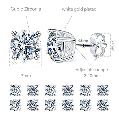 MDFUN Hypoallergenic CZ Stud Earrings Set for Women/Men,6 Pairs 18K Gold Plated Round 3-8mm Clear Cubic Zirconia Earring Pack Jewelry Gift - color: White gold-7mm-6 pairs