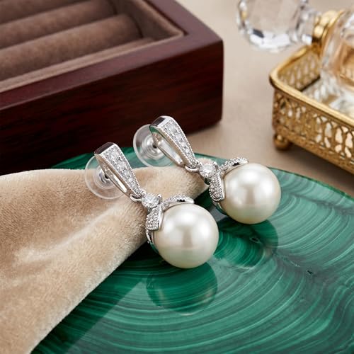 Mariell Pearl Drop Bridal Necklace Earrings Set with CZ Crystals for Bride, Bridesmaid, Birthday Gift - color: Silver Earring Only