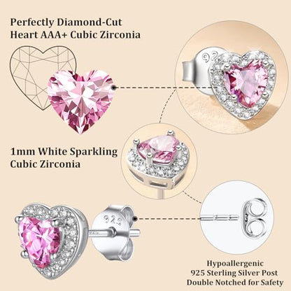 Bestyle 8mm Small Birthstone Earrings for Women with Hypoallergenic Sterling Silver Post,Sparkle Heart/Round Womens Studs Earrings, Great Birthday/Christmas/Anniversary Jewelry for Wife Mother - color: 10. Oct. Pink Tourmaline-Heart