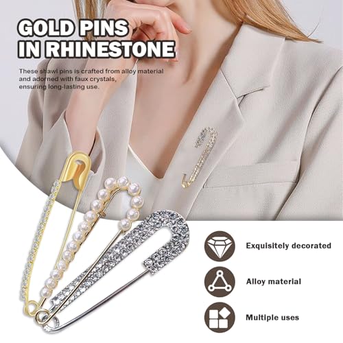 Gold Rhinestone Safety Pins, Rhinestone Gold Safety Pins Large Pin Brooches, Women Brooch Pins Sweater Shawl Clips Faux Crystal Pearl Fancy for Women