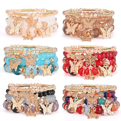 Bohemian Bracelet Sets for Women - 6 Sets Stackable Stretch Bracelets Multi-color Boho Jewelry for Women Hippie Bracelets Dainty Jewelry - color: Mixed color bracelet sets