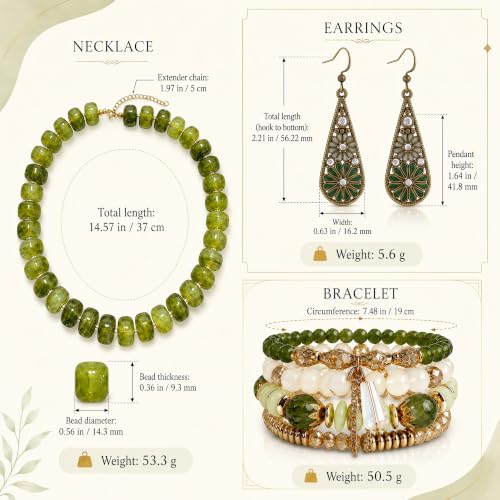3Pcs Boho Jewelry Set for Women Necklace Earrings Bracelet | Acrylic Beaded Necklace | Floral Enamel Earrings | Layered Bracelet | Coordinated Trio | Green Boho Style | Gift for Women