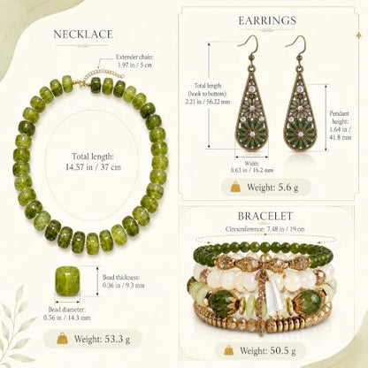 3Pcs Boho Jewelry Set for Women Necklace Earrings Bracelet | Acrylic Beaded Necklace | Floral Enamel Earrings | Layered Bracelet | Coordinated Trio | Green Boho Style | Gift for Women