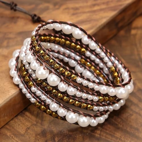 Boho Wrap Bead Bracelet for Women - Handmade Adjustable Natural Stone Beaded Bracelets Yoga Healing Bracelet Bangle Hippie Jewelry - color: Imitation Pearl