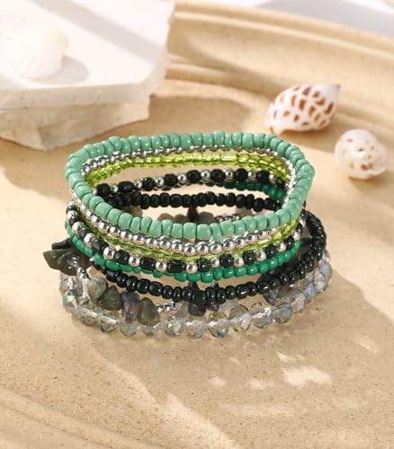Noessla Boho Beaded Bracelets for Women Stackable Irregular Natural Stone Bead Stretch Bracelet Set 8PCS Costume Jewelry Gifts for Her - color: Green
