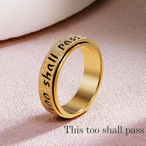 Fidget Spinner Ring for Women - THIS TOO SHALL PASS Stainless Steel 18K Gold Plated Anxiety Rotating Inspirational Ring for Stress Relief, Thumb Hope Rings Jewelry Gift for Women Men - color: Gold