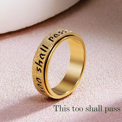 Fidget Spinner Ring for Women - THIS TOO SHALL PASS Stainless Steel 18K Gold Plated Anxiety Rotating Inspirational Ring for Stress Relief, Thumb Hope Rings Jewelry Gift for Women Men - color: Gold