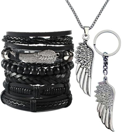 8Pcs Punk Leather Bracelet Set for Men & Women, 6Pcs Braided PU Cuffs, Necklace & Keychain, Adjustable, Stackable - style: Wings