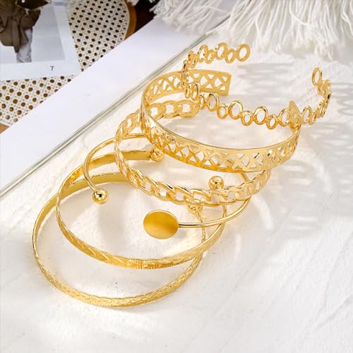 IFKM Gold Bangle Bracelets For Women, 14k Gold Plated Multi Layer Stackable Cuff Bracelet Set, Trendy Elegance Charms Non Tarnish Minimalist Textured Boho Jewelry Gift for Women - style: 6pcs Hollow love five-pointed star